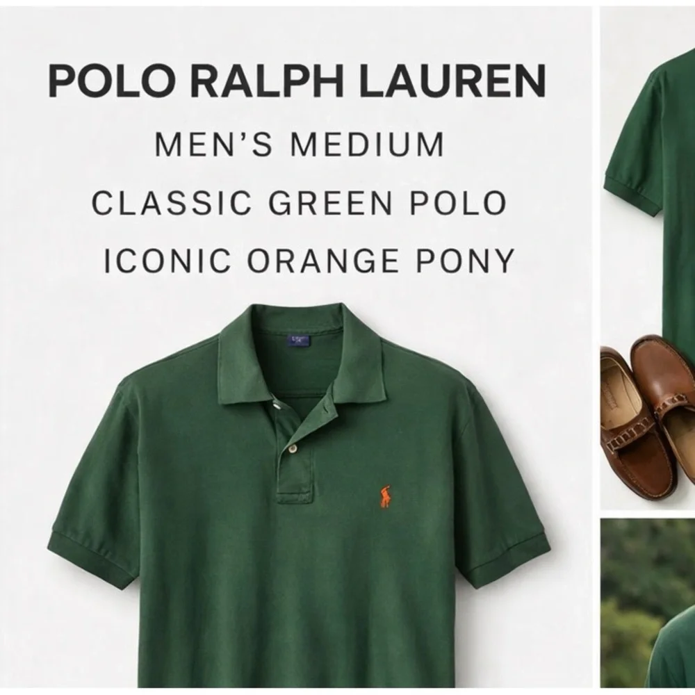 Polo Ralph Lauren Men’s Medium Green Short Sleeve Cotton Polo Shirt Orange Pony